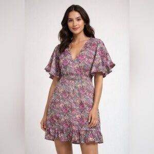 Lena Mini Dress Women’s S Blue Pink Floral Ruffle Flutter Sleeve Spring V-Neck